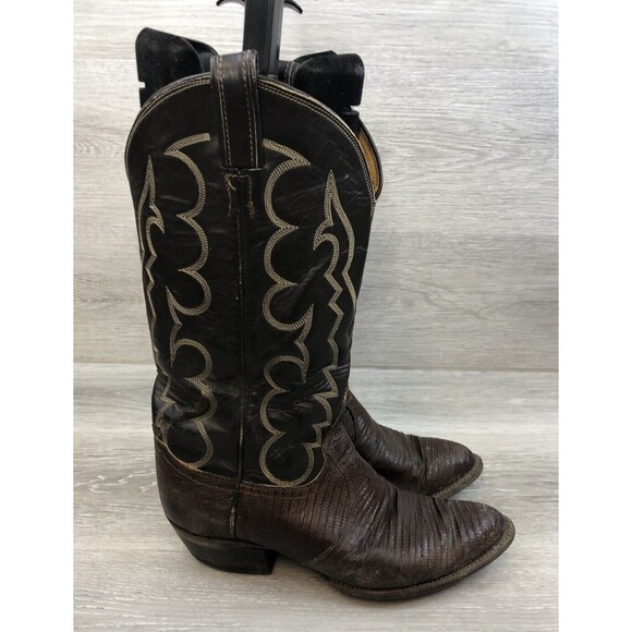 Tony Lama Vintage Gold Label Teju Lizard Cowboy Brown Boots Mens 8 EE